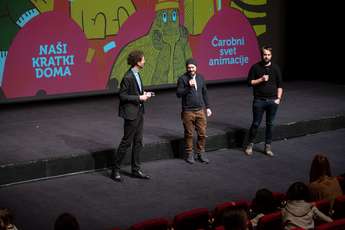 Toni Cahunek (moderator), Jernej Žmitek (režiser) in Matic Perčič (animator) - Foto: Katja Goljat